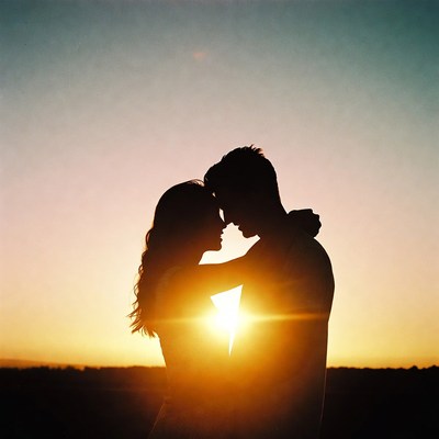 Silhouette couple embracing at sunset