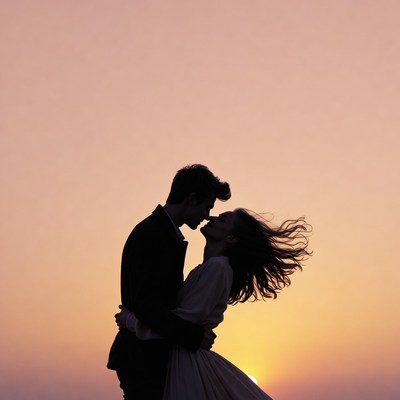 Silhouette couple kissing at sunset