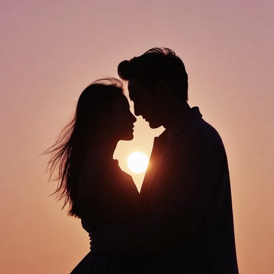 Silhouette couple embracing at sunset