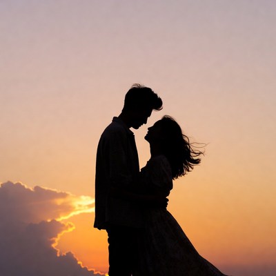 Silhouette couple embracing at sunset