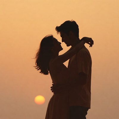 Silhouette couple embracing at sunset