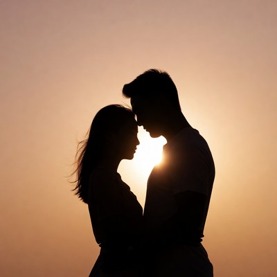 Silhouette couple foreheads touching at sunset