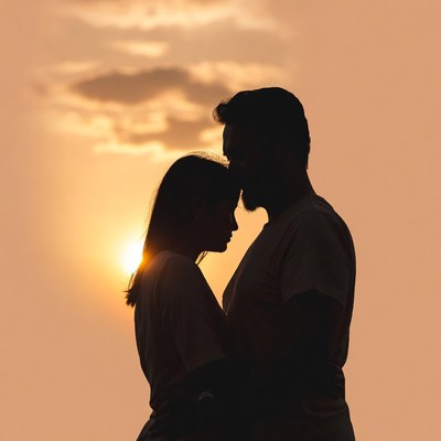 Silhouette couple embracing at sunset