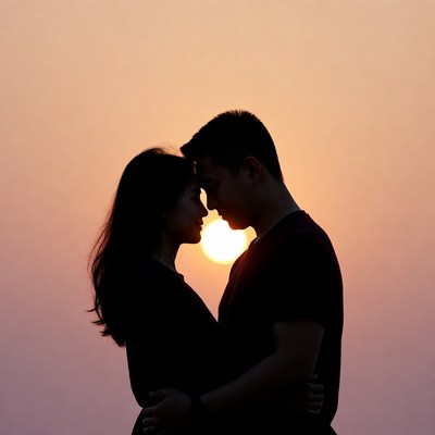 Silhouette couple embracing at sunset