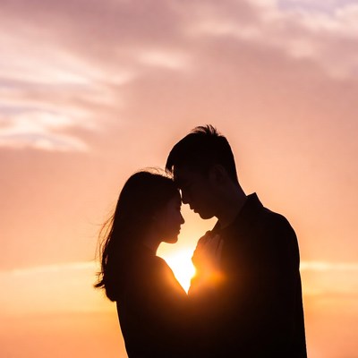 Silhouette couple embracing at sunset