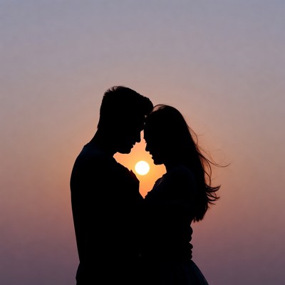Silhouette couple embracing at sunset