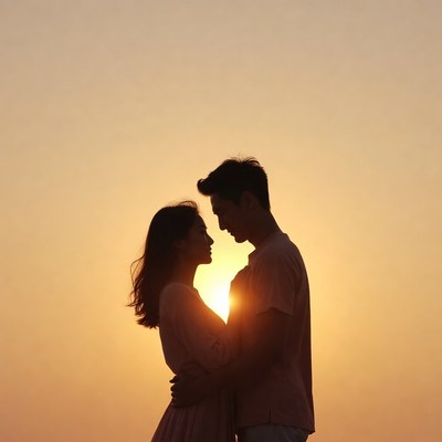 Silhouette couple embracing at sunset