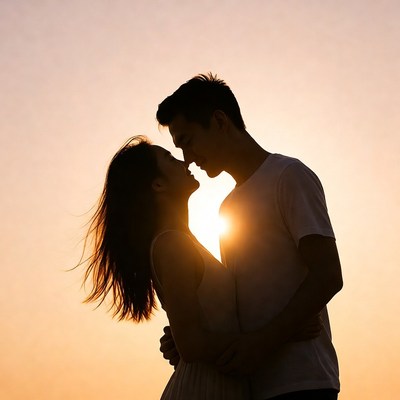Silhouette couple kissing at sunset