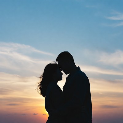 Silhouette couple embracing at sunset