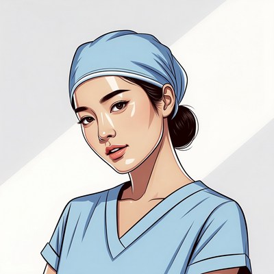 Asian nurse in blue scrubs
