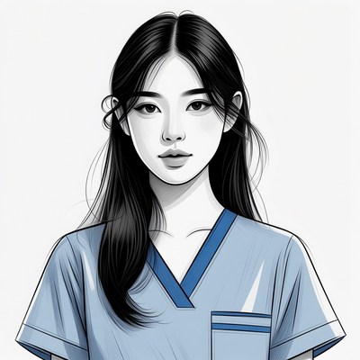 Asian woman in blue scrubs