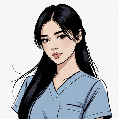 Asian woman in blue scrubs
