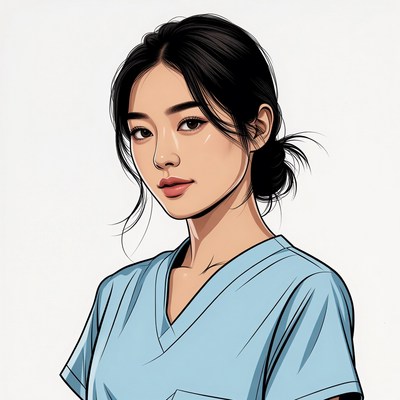 Asian woman in blue scrubs