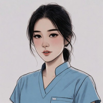 Asian woman in blue scrubs