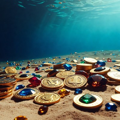 Underwater treasure chest gold coins gems