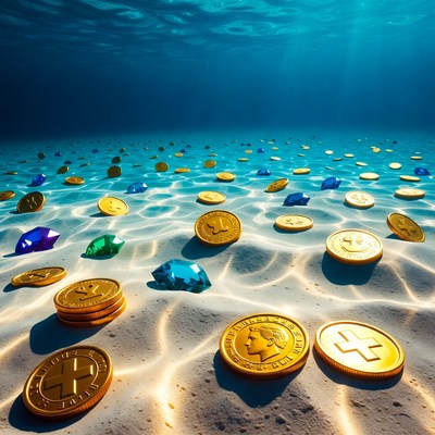 Gold Coins and Gems Underwater