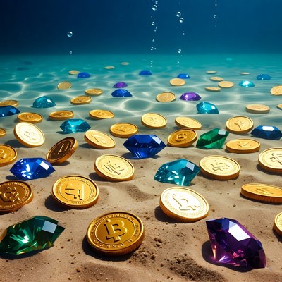 Bitcoin coins and gems on ocean floor