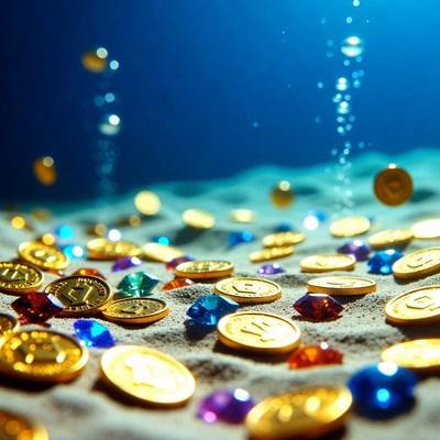 Golden Coins and Gems on Underwater Sand