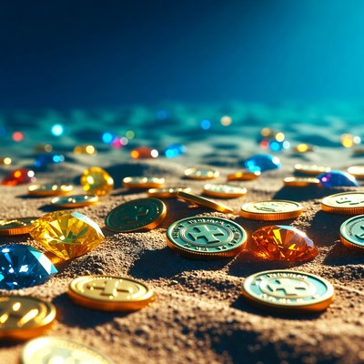 Golden Coins and Gems on Sand