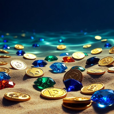 Bitcoin coins and gems on sandy seabed