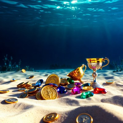Golden Trophy with Treasure Underwater