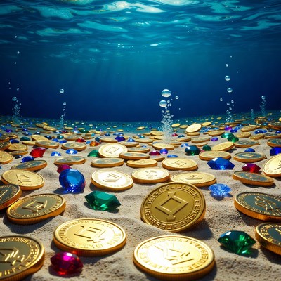 Underwater treasure chest gold coins gems