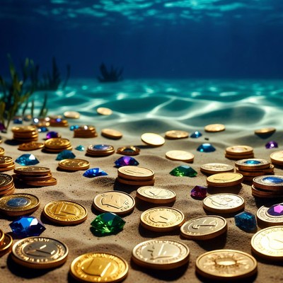 Gold Coins and Gems on Underwater Sand
