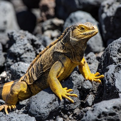 Yellow iguana on black rocks