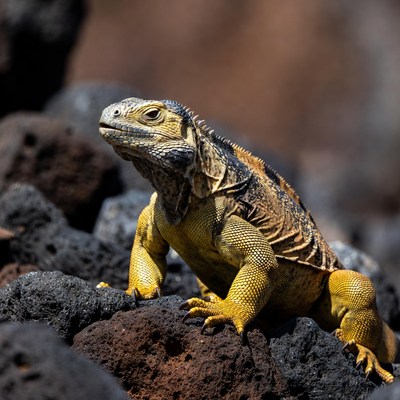 Yellow iguana on volcanic rocks