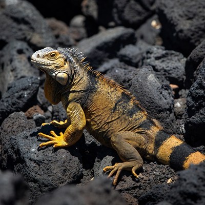 Iguana on black volcanic rocks