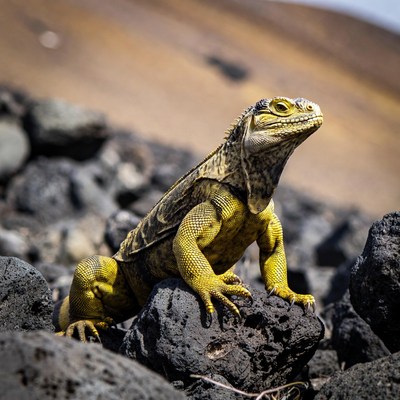 Yellow iguana on volcanic rocks
