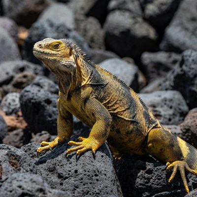 Yellow iguana on black rocks