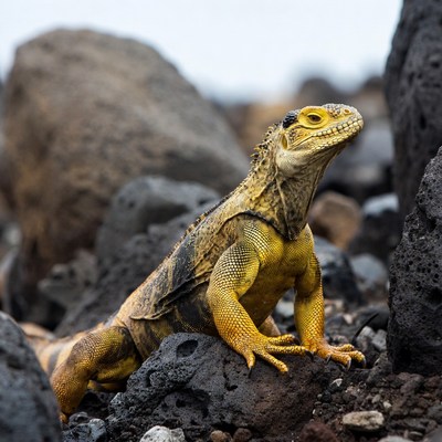 Yellow iguana on volcanic rocks