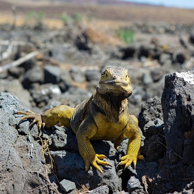 Yellow land iguana on volcanic rocks