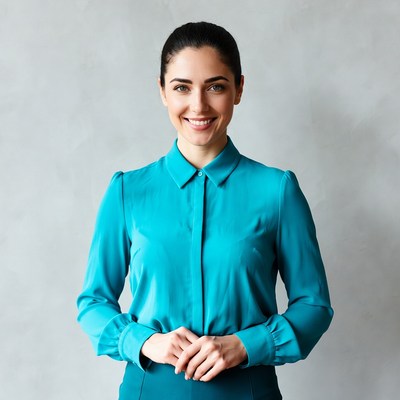Smiling woman in turquoise blouse