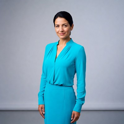 Smiling woman in turquoise dress suit