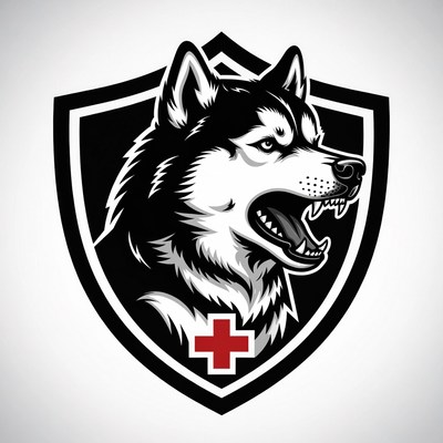 Husky Dog Head in Shield with Red Cross