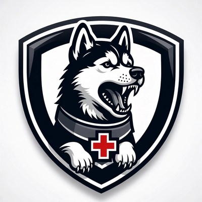 Growling Husky Dog with Red Cross Shield