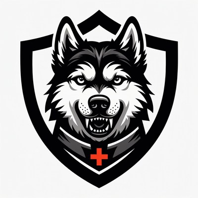 Husky Dog Head in Shield with Red Cross