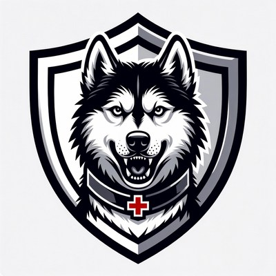 Husky Dog Head in Shield with Red Cross