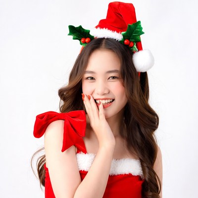 Asian girl in Santa hat smiling