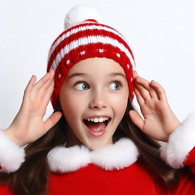 Girl in Santa hat smiling excitedly