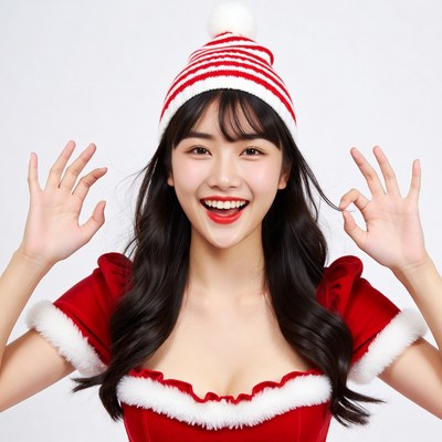 Asian woman in Santa hat OK sign