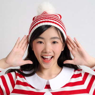 Asian girl in red striped Santa hat