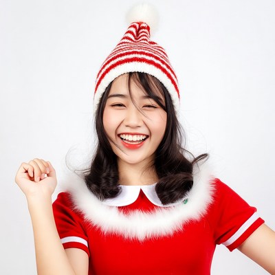 Asian woman in Santa hat smiling