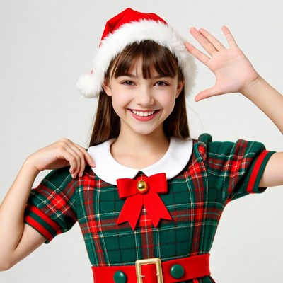 Asian girl waving in Santa hat
