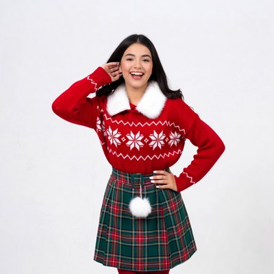 Smiling woman in red Christmas sweater skirt