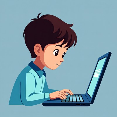 Boy typing on laptop illustration