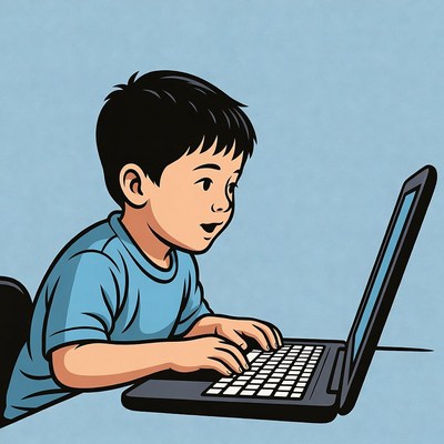 Asian boy typing on laptop