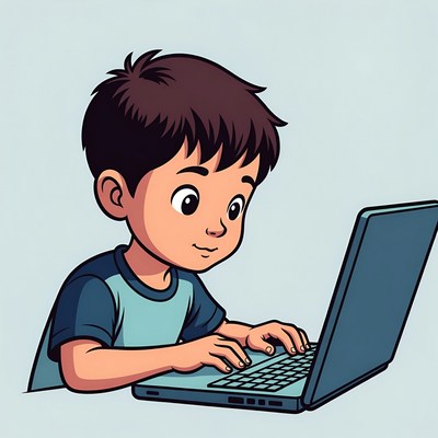 Boy typing on laptop illustration